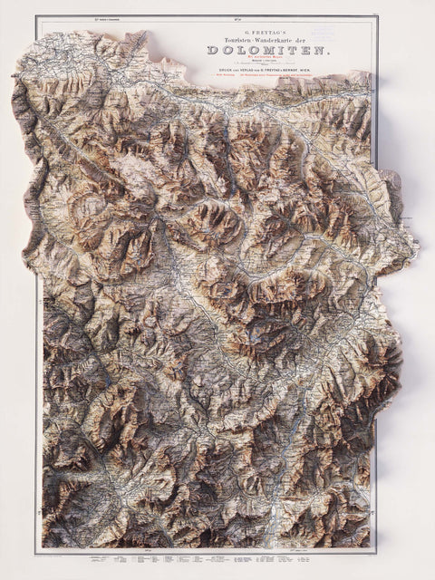 Dolomites (Italy), Topographic map - 1904, 2D printed shaded relief map with 3D effect of a 1904 topographic map of Dolomites (Italy). Shop our beautiful fine art printed maps on supreme Cotton paper. Vintage maps digitally restored and enhanced with a 3D effect. VizCart from Vizart