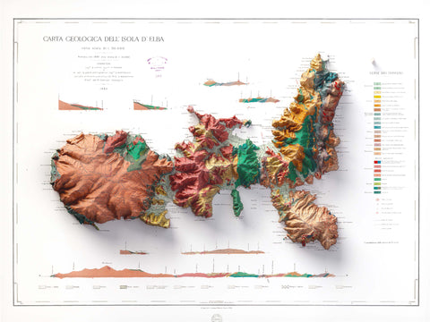 Elba Island (Italy), Geological map - 1884, 2D printed shaded relief map with 3D effect of a 1904 topographic map of Dolomites (Italy). Shop our beautiful fine art printed maps on supreme Cotton paper. Vintage maps digitally restored and enhanced with a 3D effect. VizCart from Vizart