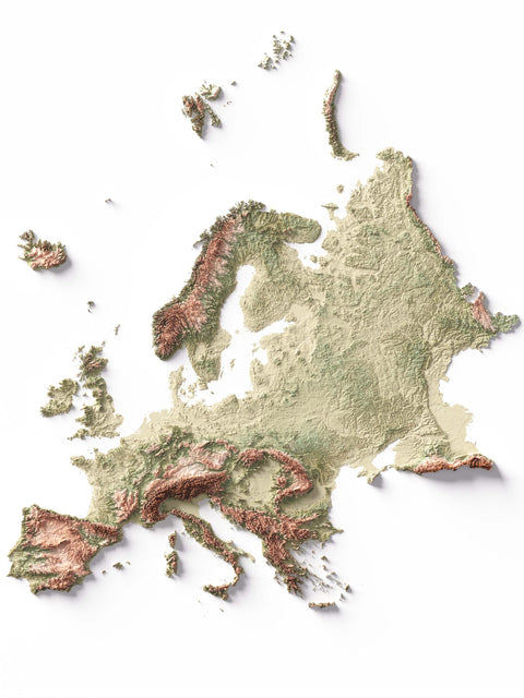 Europe, Elevation tint - Geo, 2D printed shaded relief map with 3D effect of Europe with geo hypsometric tint. Shop our beautiful fine art printed maps on supreme Cotton paper. Vintage maps digitally restored and enhanced with a 3D effect., VizCart from Vizart