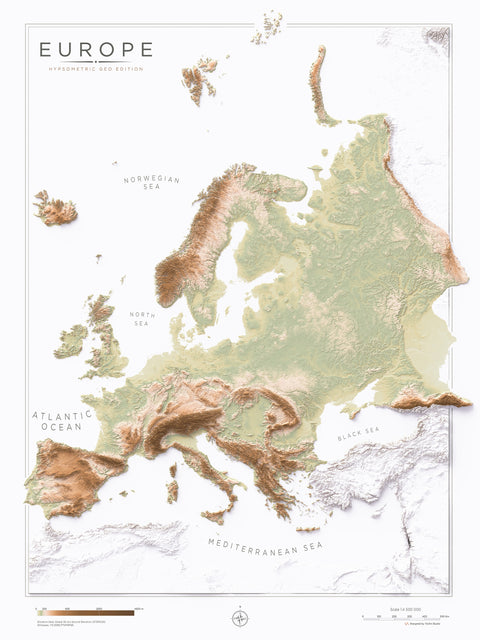 Europe geo shaded relief elevation map printed on fine art paper