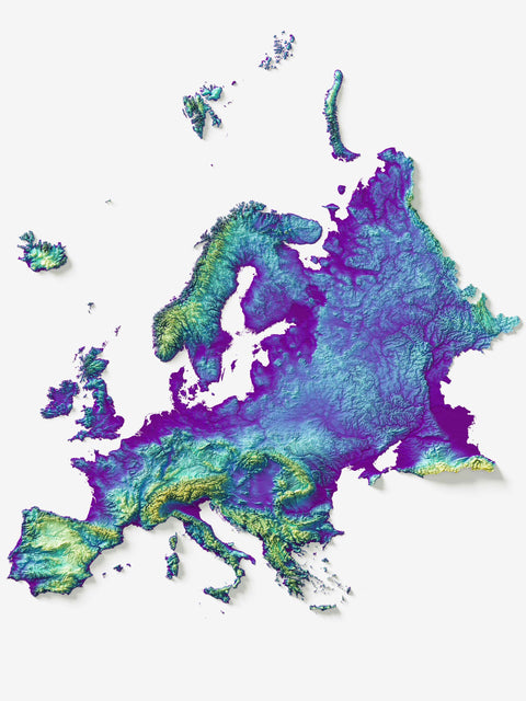 Europe, Elevation tint - Viridis, 2D printed shaded relief map with 3D effect of Europe with viridis hypsometric tint. Shop our beautiful fine art printed maps on supreme Cotton paper. Vintage maps digitally restored and enhanced with a 3D effect. VizCart from Vizart