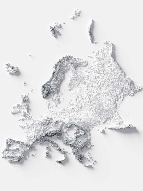 Europe, Elevation tint - White, 2D printed shaded relief map with 3D effect of Europe with monochrome hypsometric tint. Shop our beautiful fine art printed maps on supreme Cotton paper. Vintage maps digitally restored and enhanced with a 3D effect., VizCart from Vizart