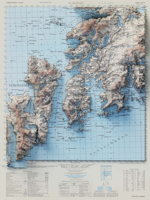 Flakstad (Lofoten Islands, Norway), Topographic map - 1952, 2D printed shaded relief map with 3D effect of a 1952 topographic map of Flakstad (Lofoten Islands, Norway). Shop our beautiful fine art printed maps on supreme Cotton paper. Vintage maps digitally restored and enhanced with a 3D effect. VizCart from Vizart