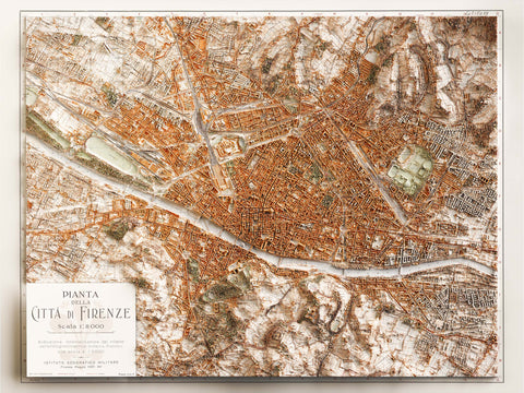 Florence (Italy), City map - 1936, 2D printed shaded relief map with 3D effect of a 1936 city map of Florence (Italy). Shop our beautiful fine art printed maps on supreme Cotton paper. Vintage maps digitally restored and enhanced with a 3D effect. VizCart from Vizart