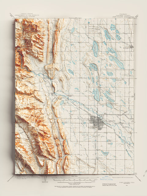 Fort Collins (Colorado, USA), Topographic map - 1906, 2D printed shaded relief map with 3D effect of a 1906 topographic map of Fort Collins (Colorado, USA). Shop our beautiful fine art printed maps on supreme Cotton paper. Vintage maps digitally restored and enhanced with a 3D effect. VizCart from Vizart