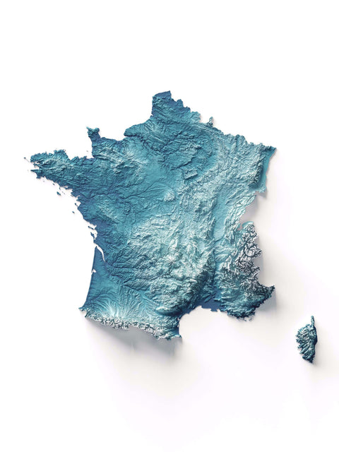 France, Elevation tint - Deep Blue, 2D printed shaded relief map with 3D effect of France with deep blue elevation tint. Shop our beautiful fine art printed maps on supreme Cotton paper. Vintage maps digitally restored and enhanced with a 3D effect. VizCart from Vizart