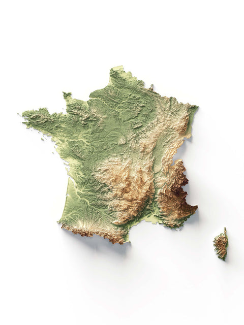 France, Elevation tint - Geo, 2D printed shaded relief map with 3D effect of France with geo elevation tint. Shop our beautiful fine art printed maps on supreme Cotton paper. Vintage maps digitally restored and enhanced with a 3D effect. VizCart from Vizart