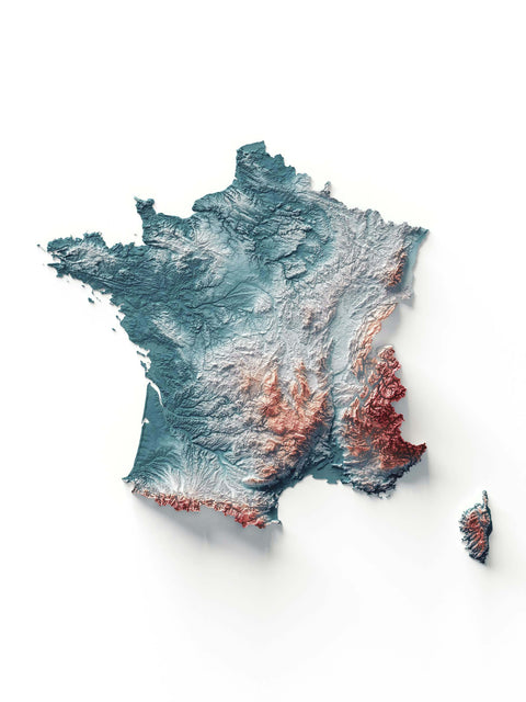 France, Elevation tint - Irid, 2D printed shaded relief map with 3D effect of France with irid elevation tint. Shop our beautiful fine art printed maps on supreme Cotton paper. Vintage maps digitally restored and enhanced with a 3D effect. VizCart from Vizart