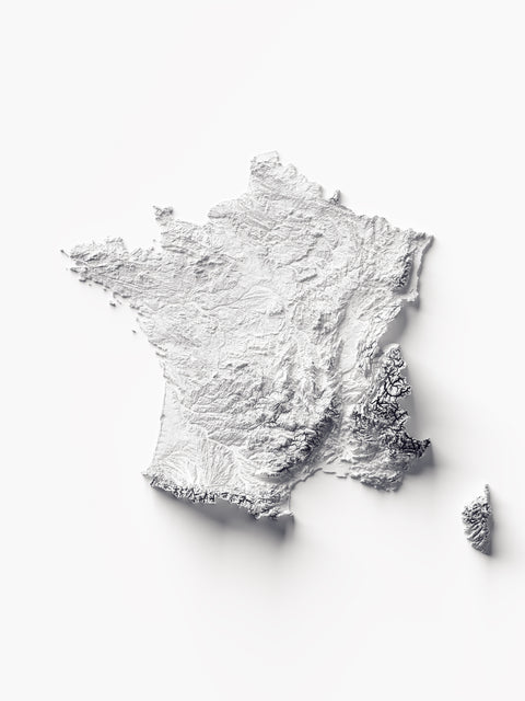 France, Elevation tint - White, 2D printed shaded relief map with 3D effect of France with monochrome white tint. Shop our beautiful fine art printed maps on supreme Cotton paper. Vintage maps digitally restored and enhanced with a 3D effect. VizCart from Vizart