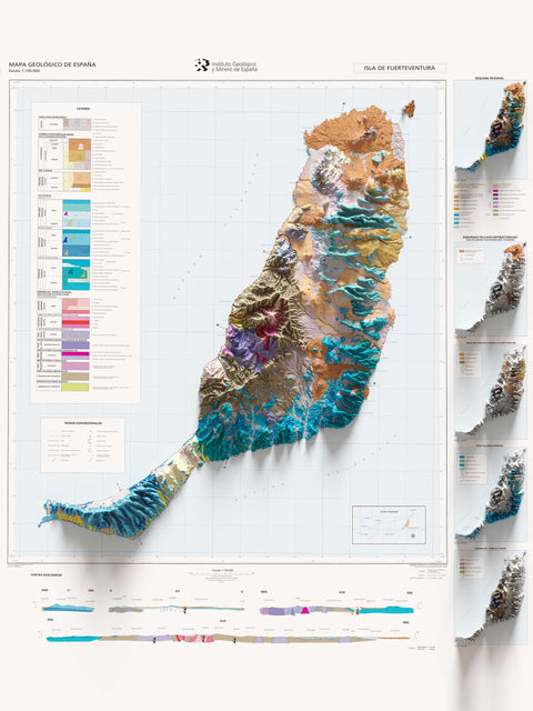 Fuerteventura (Spain), Geological map - 1991, 2D printed shaded relief map with 3D effect of a 1991 geological map of Isla Fuerteventura (Spain). Shop our beautiful fine art printed maps on supreme Cotton paper. Vintage maps digitally restored and enhanced with a 3D effect. VizCart from Vizart