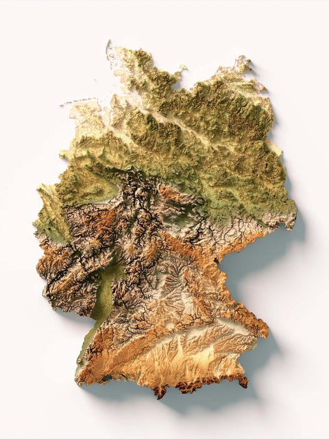 Germany, Elevation tint - Geo, 2D printed shaded relief map with 3D effect of Germany with geo elevation tint. Shop our beautiful fine art printed maps on supreme Cotton paper. Vintage maps digitally restored and enhanced with a 3D effect. VizCart from Vizart