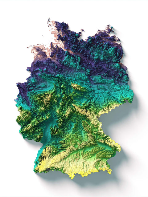 Germany, Elevation tint - Viridis, 2D printed shaded relief map with 3D effect of Germany with viridis elevation tint. Shop our beautiful fine art printed maps on supreme Cotton paper. Vintage maps digitally restored and enhanced with a 3D effect. VizCart from Vizart