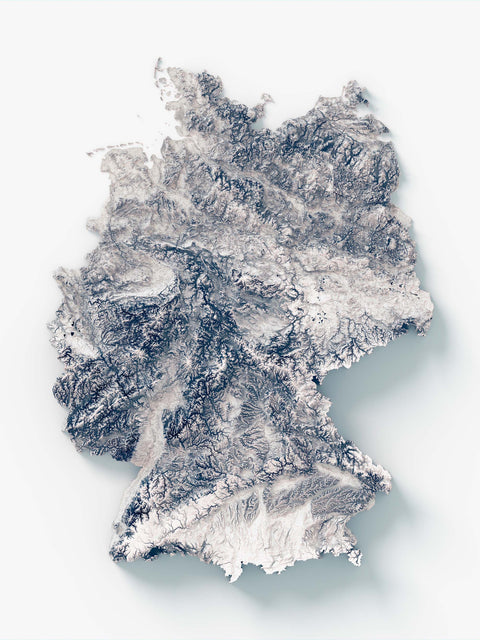 Germany, Elevation tint - White, 2D printed shaded relief map with 3D effect of Germany with monochrome white elevation tint. Shop our beautiful fine art printed maps on supreme Cotton paper. Vintage maps digitally restored and enhanced with a 3D effect. VizCart from Vizart