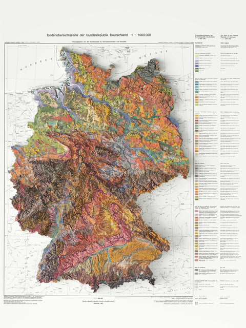 Germany, Soil map - 1995, 2D printed shaded relief map with 3D effect of a 1995 soil map of Germany. Shop our beautiful fine art printed maps on supreme Cotton paper. Vintage maps digitally restored and enhanced with a 3D effect. VizCart from Vizart