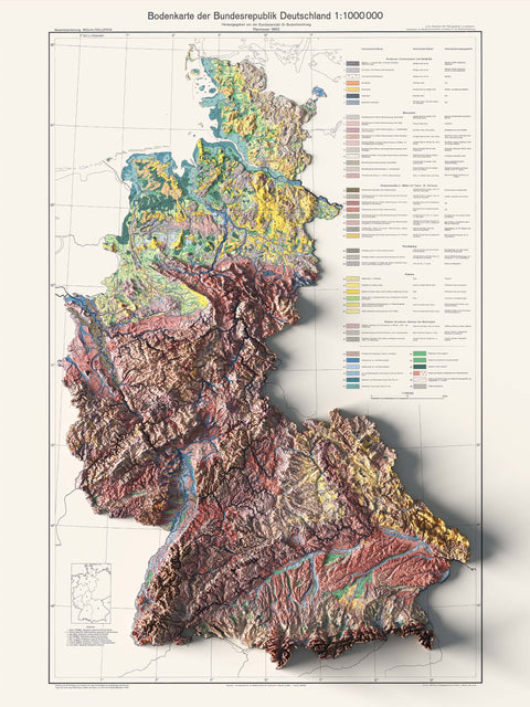 West Germany, Soil map - 1963, 2D printed shaded relief map with 3D effect of a 1963 soil map of West Germany. Shop our beautiful fine art printed maps on supreme Cotton paper. Vintage maps digitally restored and enhanced with a 3D effect. VizCart from Vizart