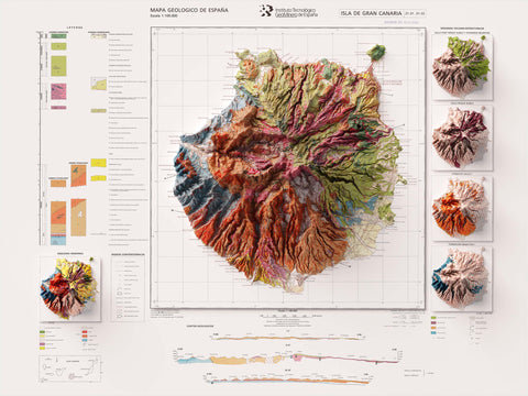 Gran Canaria (Spain), Geological map - 1990, 2D printed shaded relief map with 3D effect of a 1944 topographic map of Gran Canaria (Spain). Shop our beautiful fine art printed maps on supreme Cotton paper. Vintage maps digitally restored and enhanced with a 3D effect. VizCart from Vizart