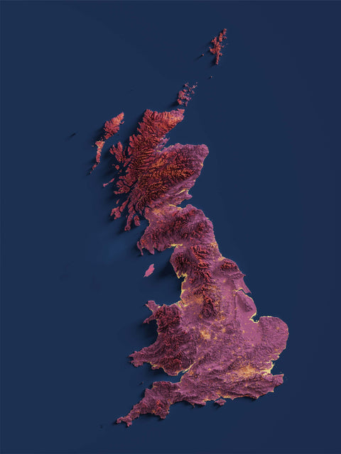 Great Britain (UK), Elevation tint - Magma, 2D printed shaded relief map with 3D effect of Great Britain with magma hypsometric tint. Shop our beautiful fine art printed maps on supreme Cotton paper. Vintage maps digitally restored and enhanced with a 3D effect. VizCart from Vizart
