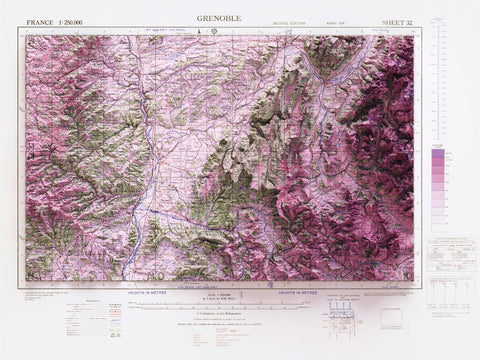 Grenoble (France), Topographic map - 1943, 2D printed shaded relief map with 3D effect of a 1943 topographic map of Grenoble (France). Shop our beautiful fine art printed maps on supreme Cotton paper. Vintage maps digitally restored and enhanced with a 3D effect. VizCart from Vizart