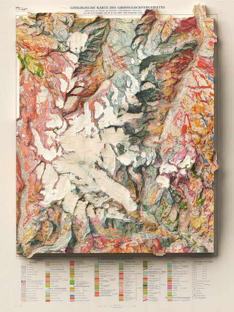 Grossglockner (Austria), Geological map - 1939, 2D printed shaded relief map with 3D effect of a 1939 geological map of Grossglockner (Austria). Shop our beautiful fine art printed maps on supreme Cotton paper. Vintage maps digitally restored and enhanced with a 3D effect. VizCart from Vizart