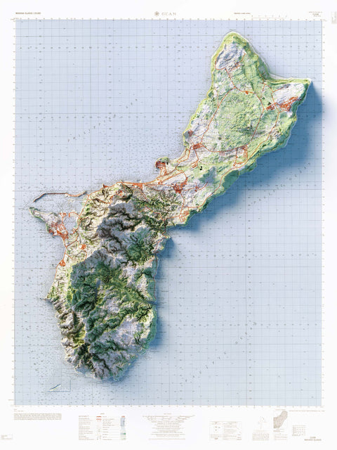 Guam (Mariana Islands, USA), Topographic map - 1965, 2D printed shaded relief map with 3D effect of a 1965 topographic map of Guam (Mariana Islands, USA). Shop our beautiful fine art printed maps on supreme Cotton paper. Vintage maps digitally restored and enhanced with a 3D effect. VizCart from Vizart