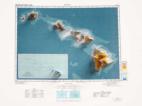 Hawaii (USA), Topographic map - 1974, 2D printed shaded relief map with 3D effect of a 1974 topographic map of Hawaii (USA). Shop our beautiful fine art printed maps on supreme Cotton paper. Vintage maps digitally restored and enhanced with a 3D effect. VizCart from Vizart