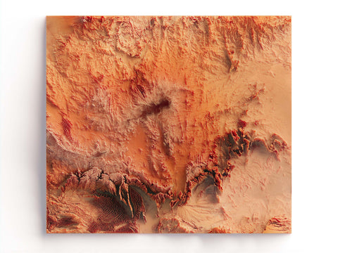 Hoggar (Algeria), Elevation tint - Red, 2D printed shaded relief map with 3D effect of Hoggar mountains (Algeria) with red hypsometric tint. Shop our beautiful fine art printed maps on supreme Cotton paper. Vintage maps digitally restored and enhanced with a 3D effect. VizCart from Vizart