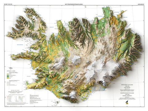 Iceland, Soil map - 1998, 2D printed shaded relief map with 3D effect of a 1998 soil map of Iceland. Shop our beautiful fine art printed maps on supreme Cotton paper. Vintage maps digitally restored and enhanced with a 3D effect. VizCart from Vizart