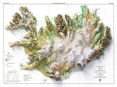 Iceland 1998 soil restored antique shaded relief map print on fine art paper