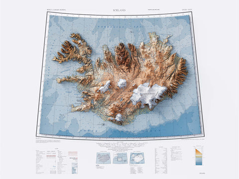 Iceland 1952 topographic restored antique shaded relief map print on fine art paper