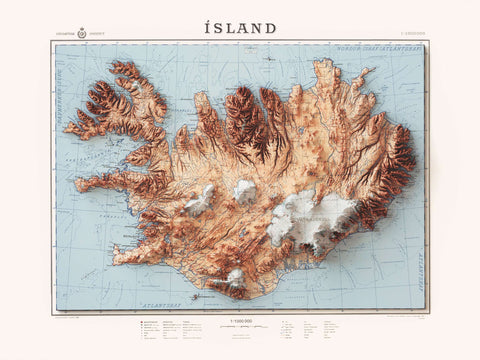 Iceland, Topographic map - 1963, 2D printed shaded relief map with 3D effect of a 1963 topographic map of Iceland. Shop our beautiful fine art printed maps on supreme Cotton paper. Vintage maps digitally restored and enhanced with a 3D effect. VizCart from Vizart