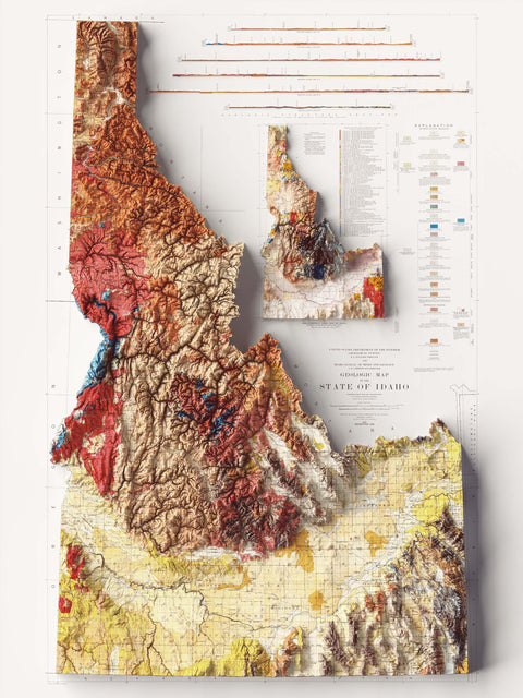Idaho (USA), Geological map - 1947, 2D printed shaded relief map with 3D effect of a 1947 geological map of Idaho (USA). Shop our beautiful fine art printed maps on supreme Cotton paper. Vintage maps digitally restored and enhanced with a 3D effect. VizCart from Vizart