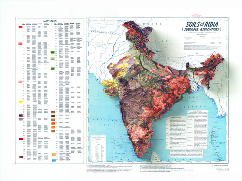 India, Soil map - 1985, 2D printed shaded relief map with 3D effect of a 1985 soil map of India. Shop our beautiful fine art printed maps on supreme Cotton paper. Vintage maps digitally restored and enhanced with a 3D effect. VizCart from Vizart