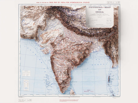 India, Topographic map - 1973, 2D printed shaded relief map with 3D effect of a 1973 topographic map of India. Shop our beautiful fine art printed maps on supreme Cotton paper. Vintage maps digitally restored and enhanced with a 3D effect. VizCart from Vizart
