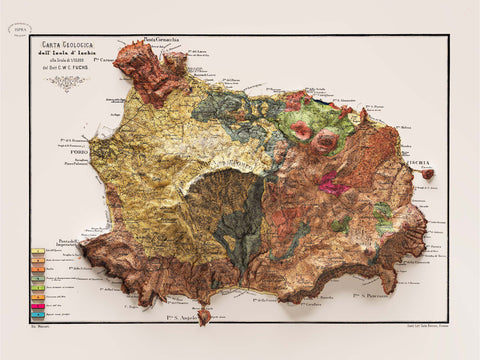 Ischia (Italy), Geological map - 1873, 2D printed shaded relief map with 3D effect of a 1873 geological map of Ischia (Italy). Shop our beautiful fine art printed maps on supreme Cotton paper. Vintage maps digitally restored and enhanced with a 3D effect. VizCart from Vizart