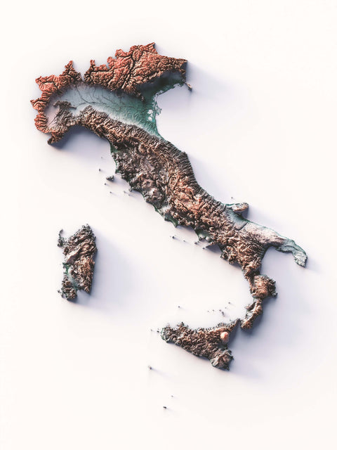 Italy, Elevation tint - Irid, 2D printed shaded relief map with 3D effect of Italy with irid hypsometric tint. Shop our beautiful fine art printed maps on supreme Cotton paper. Vintage maps digitally restored and enhanced with a 3D effect. VizCart from Vizart