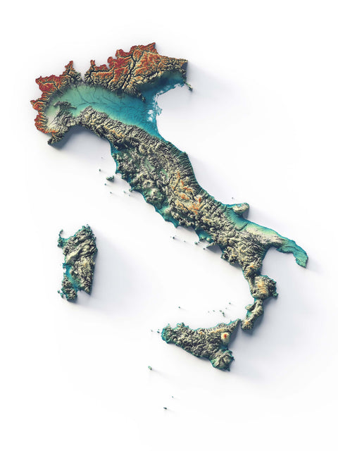 Italy, Elevation tint - Spectral, 2D printed shaded relief map with 3D effect of Italy with spectral hypsometric tint. Shop our beautiful fine art printed maps on supreme Cotton paper. Vintage maps digitally restored and enhanced with a 3D effect. VizCart from Vizart