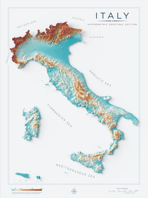 Italy spectral shaded relief elevation map printed on fine art paper