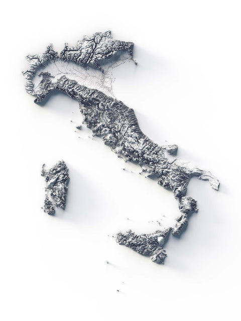 Italy, Elevation tint - White, 2D printed shaded relief map with 3D effect of Italy with white hypsometric tint. Shop our beautiful fine art printed maps on supreme Cotton paper. Vintage maps digitally restored and enhanced with a 3D effect. VizCart from Vizart