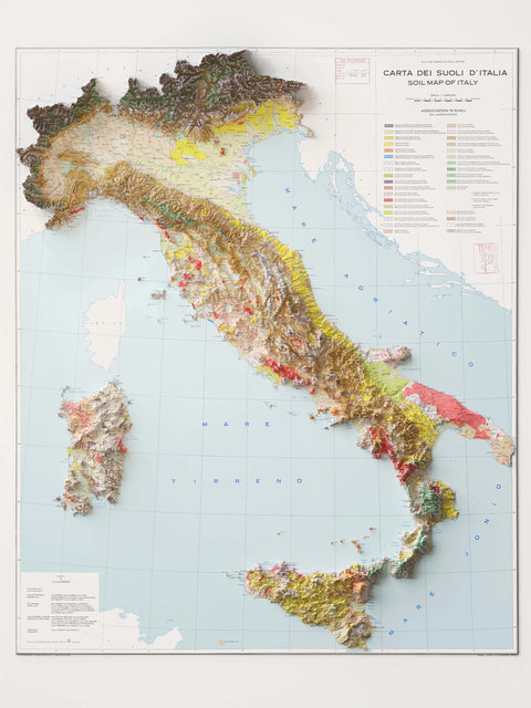 Italy, Soil map - 1966, 2D printed shaded relief map with 3D effect of a 1966 soil map of Italy. Shop our beautiful fine art printed maps on supreme Cotton paper. Vintage maps digitally restored and enhanced with a 3D effect. VizCart from Vizart