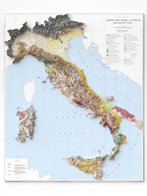 Italy 1966 soil restored antique shaded relief map print on fine art paper