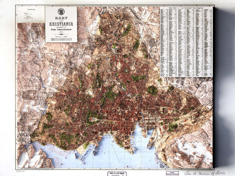Kristiania (Norway), City map - 1901, 2D printed shaded relief map with 3D effect of a 1901 city map of Kristiania (Oslo, Norway). Shop our beautiful fine art printed maps on supreme Cotton paper. Vintage maps digitally restored and enhanced with a 3D effect. VizCart from Vizart