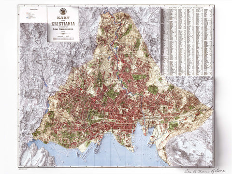 Kristiania (Norway) 1901 city restored antique shaded relief map print on fine art paper