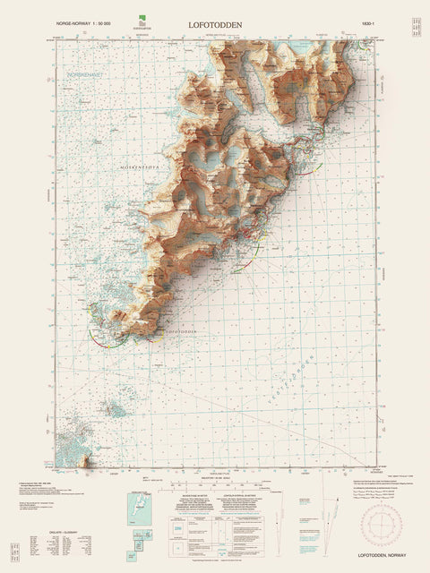 Lofotodden (Lofoten Islands, Norway), Topographic map - 2009, 2D printed shaded relief map with 3D effect of a 1952 topographic map of Flakstad (Lofoten Islands, Norway). Shop our beautiful fine art printed maps on supreme Cotton paper. Vintage maps digitally restored and enhanced with a 3D effect. VizCart from Vizart