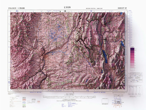 Lyon (France), Topographic map - 1943, 2D printed shaded relief map with 3D effect of a 1943 topographic map of Lyon (France). Shop our beautiful fine art printed maps on supreme Cotton paper. Vintage maps digitally restored and enhanced with a 3D effect. VizCart from Vizart