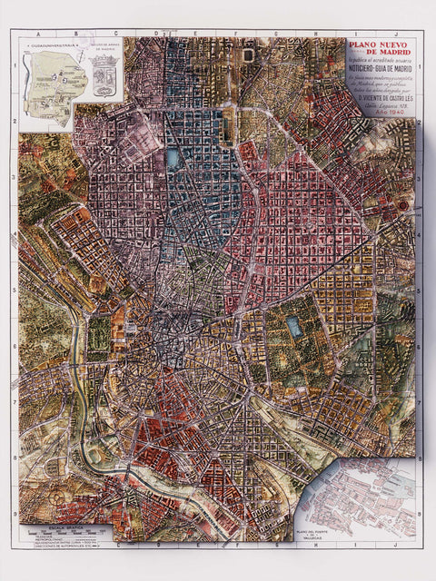 Madrid (Spain), City map - 1940, 2D printed shaded relief map with 3D effect of a 1940 city map of Madrid. Shop our beautiful fine art printed maps on supreme Cotton paper. Vintage maps digitally restored and enhanced with a 3D effect. VizCart from Vizart