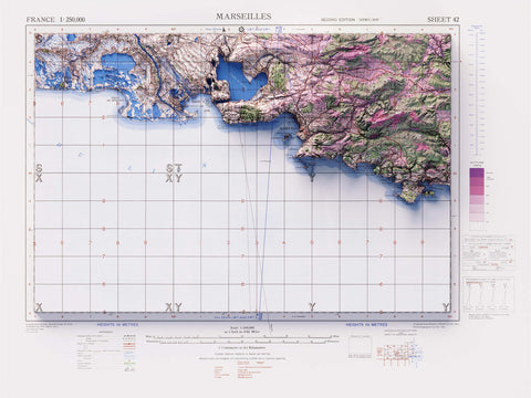 Marseilles (France), Topographic map - 1943, 2D printed shaded relief map with 3D effect of a 1943 topographic map of Marseilles (France). Shop our beautiful fine art printed maps on supreme Cotton paper. Vintage maps digitally restored and enhanced with a 3D effect. VizCart from Vizart