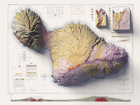 Maui (Hawaii, USA), Geological map - 1942, 2D printed shaded relief map with 3D effect of a 1942 geological map of Maui (Hawaii, USA). Shop our beautiful fine art printed maps on supreme Cotton paper. Vintage maps digitally restored and enhanced with a 3D effect. VizCart from Vizart