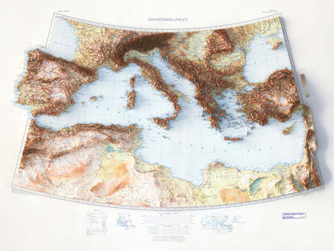 Mediterranean Sea, Topographic map - 1937, 2D printed shaded relief map with 3D effect of a 1937 topographic map of Mediterranean Sea. Shop our beautiful fine art printed maps on supreme Cotton paper. Vintage maps digitally restored and enhanced with a 3D effect. VizCart from Vizart