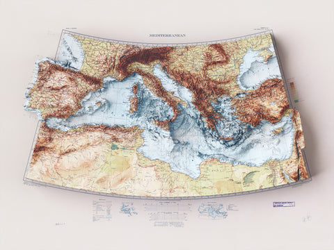 Mediterranean Sea Bathymetric, Topographic map - 1937, 2D printed shaded relief map with 3D effect of a 1937 topographic map of Mediterranean Sea with bathyimetric. Shop our beautiful fine art printed maps on supreme Cotton paper. Vintage maps digitally restored and enhanced with a 3D effect., VizCart from Vizart