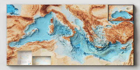 Mediterranean Sea Bathymetric, Topographic map - 1981, 2D printed shaded relief map with 3D effect of a 1981 topographic map of Mediterranean Sea with bathyimetric. Shop our beautiful fine art printed maps on supreme Cotton paper. Vintage maps digitally restored and enhanced with a 3D effect. VizCart from Vizart